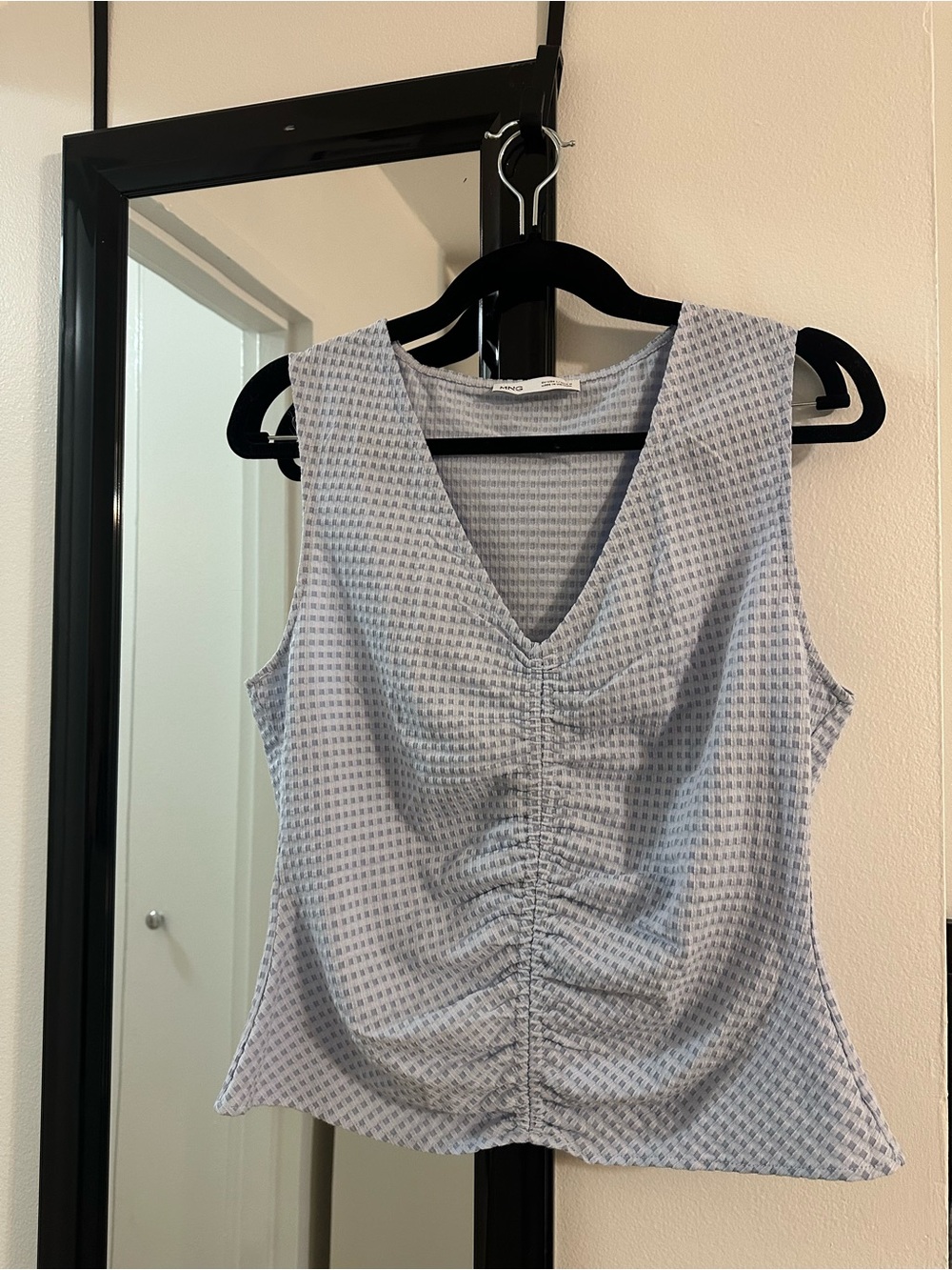 Mango Women's Light Blue Ruched V-Neck Tank Top size L